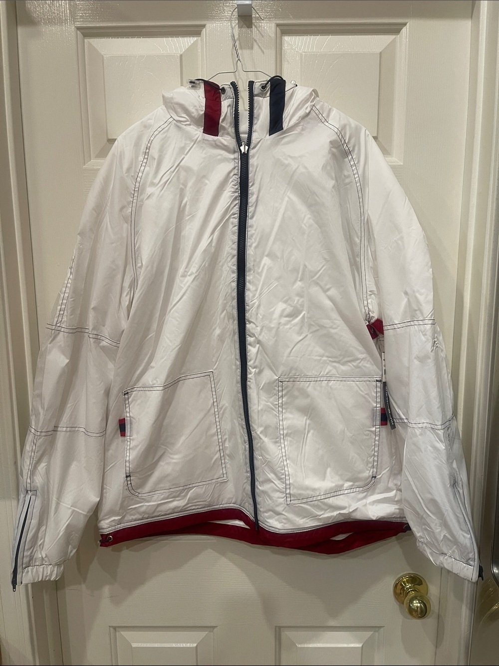 Unisex White Hooded Lined Windbreaker Jacket with Red & Navy Trim S:XL